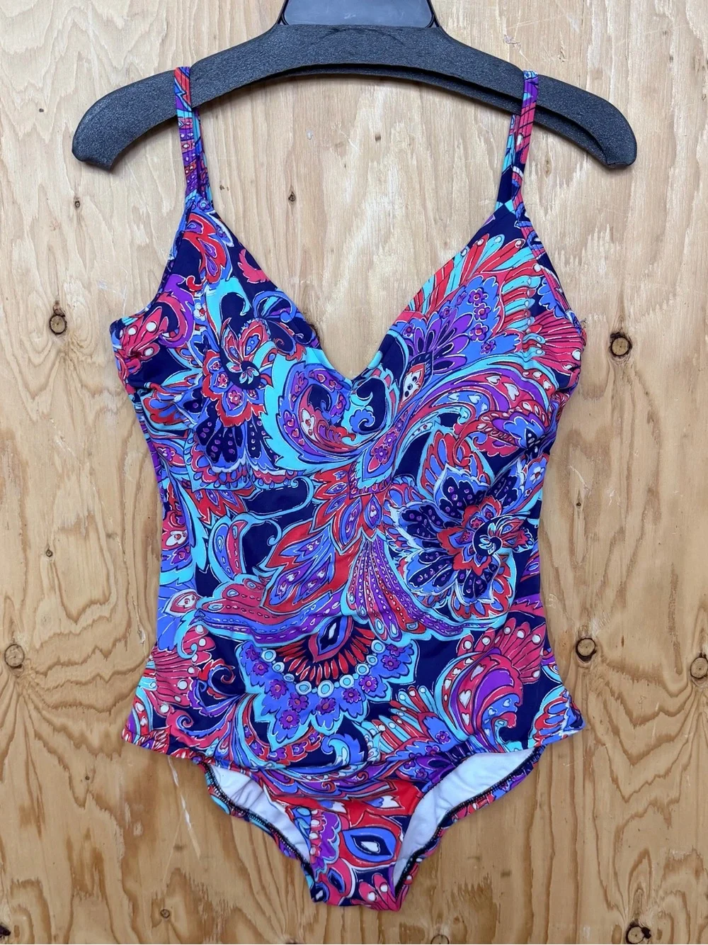Swim Solutions Paisley Tummy Control V-Neck One-Piece Swimsuit Size 12 - Picture 3 of 7